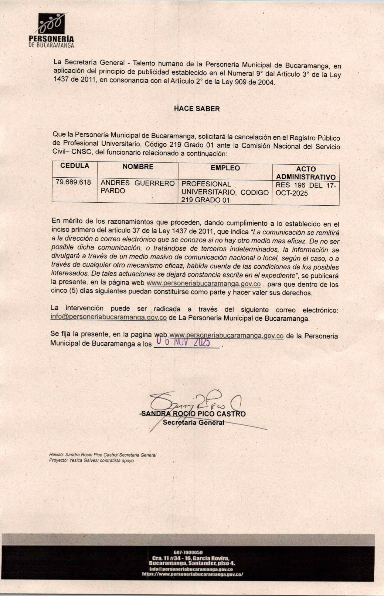 Aviso cancelación en el registro público de profesional universitario